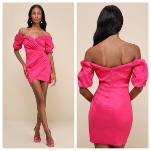 NWT Lulus Desirable Aura Hot Pink Taffeta Off-the-Shoulder Mini Dress S